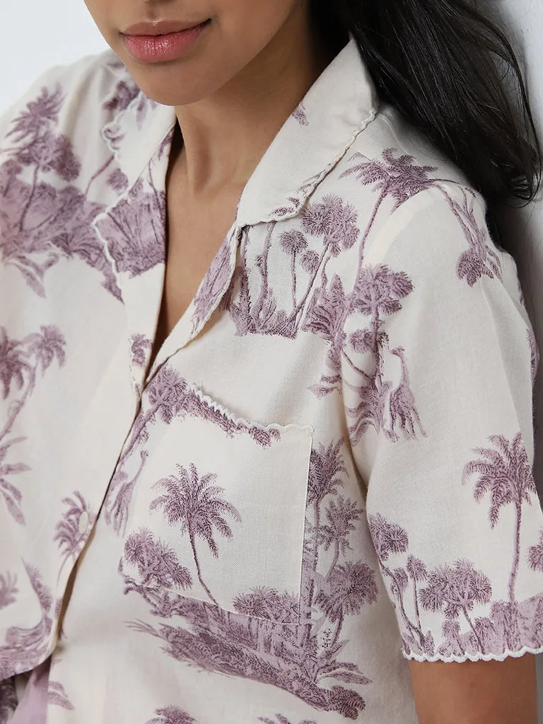 Wunderlove Lilac Printed Cotton Shirt and Pyjamas Set